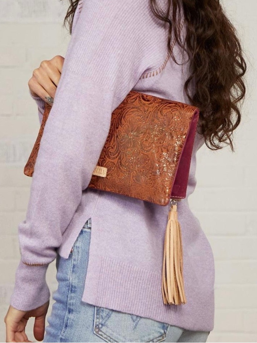 Consuela Sally Large Embossed Floral Leather Zip Foldover Clutch